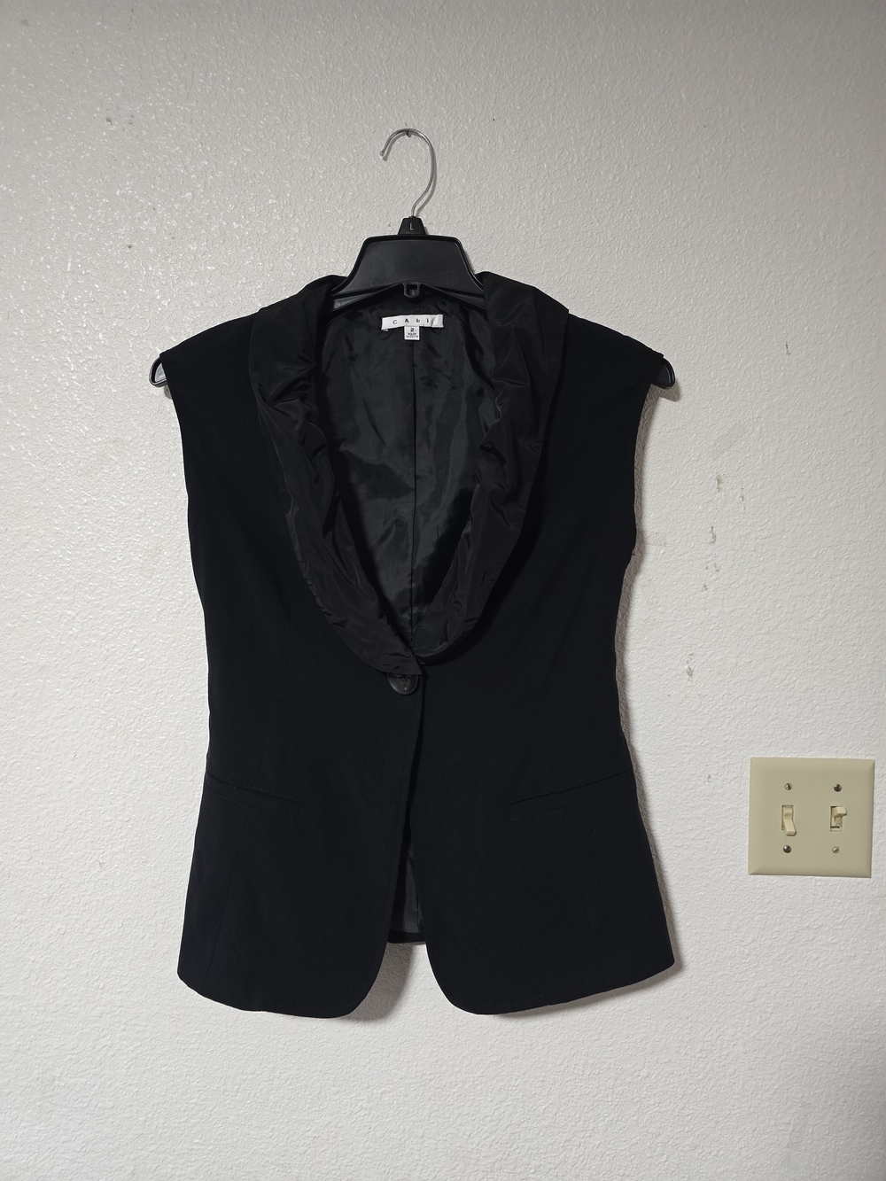 CAbi Black Sleeveless Blazer Vest with Draped Shawl Collar